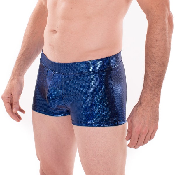 ROYAL BLUE Sparkle Holographic Men's Brief Booty Shorts (1 of 8 colors) // Square Front Swim Trunks Festival Shorts w/ Front "Junk" Pouch