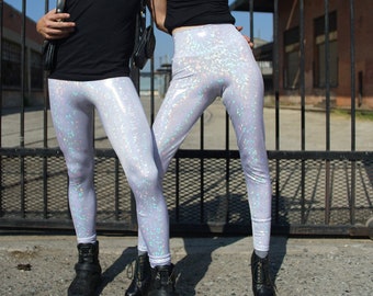 Women's White Disco Holographic Legging // Women's White Party Festival Pants // Metallic Spandex Leggings //