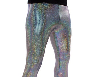 SILVER BLACK Sparkle Holographic Meggings: Iridescent Colorful Men's Leggings