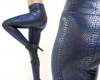 W - Black Snake Print - 4 Colors Holographic Women's Leggings Wide Waistband