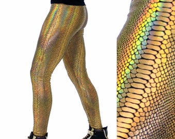 Gold Snake Holographic Meggings // Snake Skin Leggings // Iridescent Snake // Rave & Festival Outfit // Gold Meggings Mens Leggings