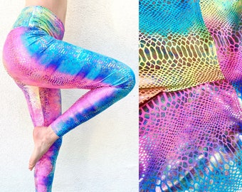 Holographic Rainbow Snake Print  Wide Waistband Women's Leggings: Rainbow Unicorn Snake Print