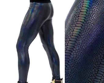 Black Snake Holographic Meggings // Snake Skin Leggings // Iridescent Snake // Rave & Festival Outfit // Black Meggings Mens Leggings