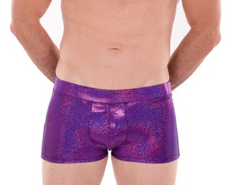 PURPLE Sparkle Holographic Men's Brief Booty Shorts (1 of 8 colors) // Square Front Swim Trunks Festival Shorts w/ Front "Junk" Pouch