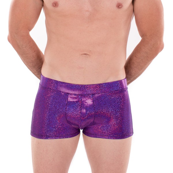 PURPLE Sparkle Holographic Men's Brief Booty Shorts (1 of 8 colors) // Square Front Swim Trunks Festival Shorts w/ Front "Junk" Pouch