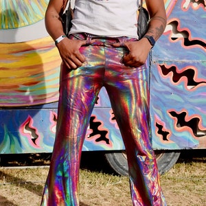 4 Pocket Pulsar Flare Pants - Mens Holographic Metallic Bell Bottoms - TALL