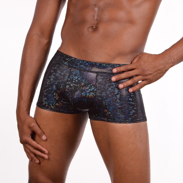 Black Disco Ball Holographic Men's Pouch Booty Shorts // Sexy Black Party Swim Trunks // Great Cruise or Festival Costume