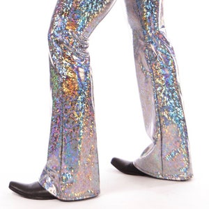 Silver Disco Ball Men's Holographic Flare Pants // Metallic EDM Music Festival Fashion Men's Bell Bottoms