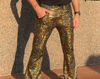 4 Pocket Gold Disco Flare Pants - Disco Ball Men's Holographic Flare Pants // Metallic Mens Bell Bottoms