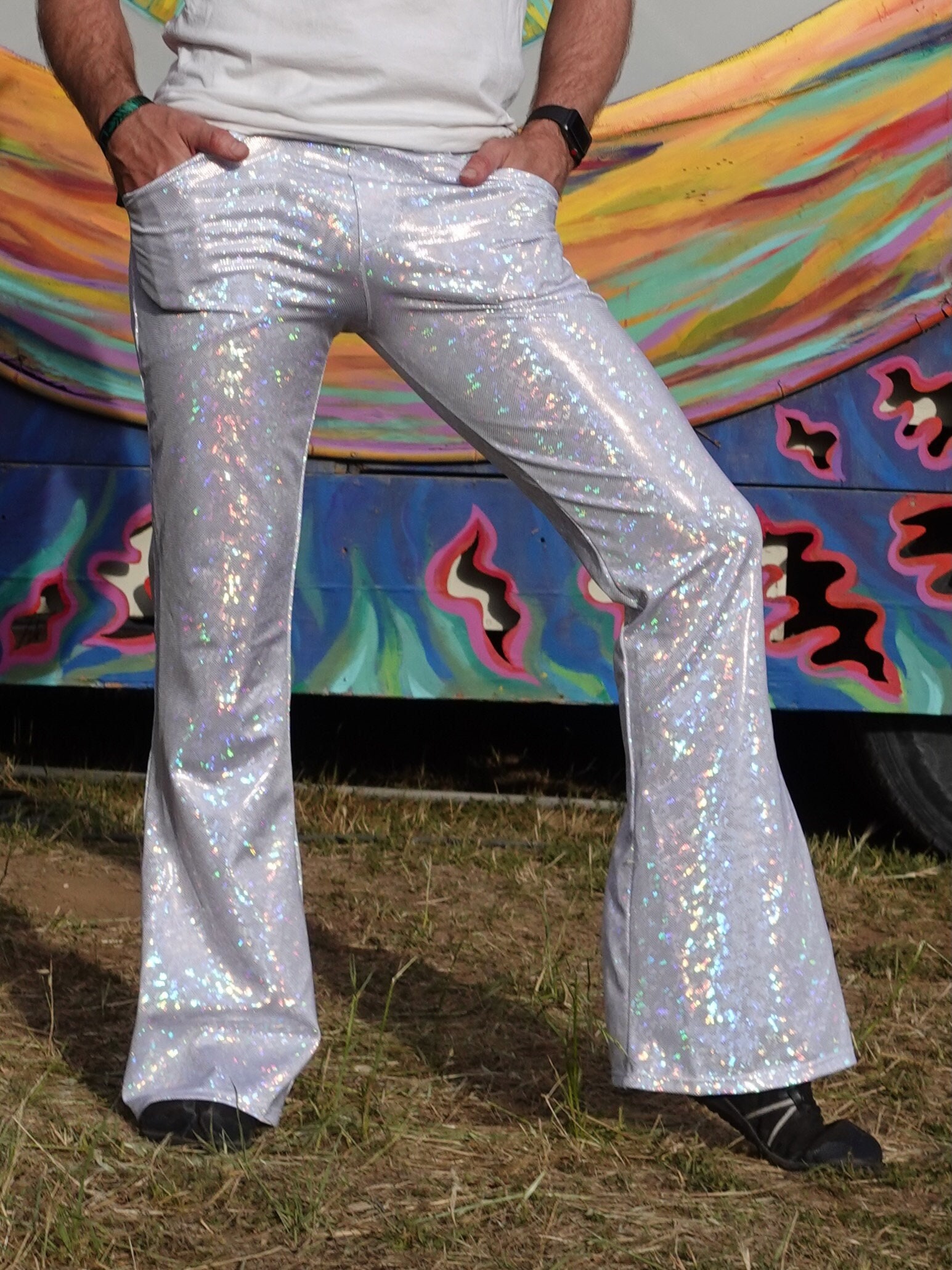 Mens Shiny Sequins Bell-Bottoms Pants 70s Disco Party Hologram Flared  Trousers