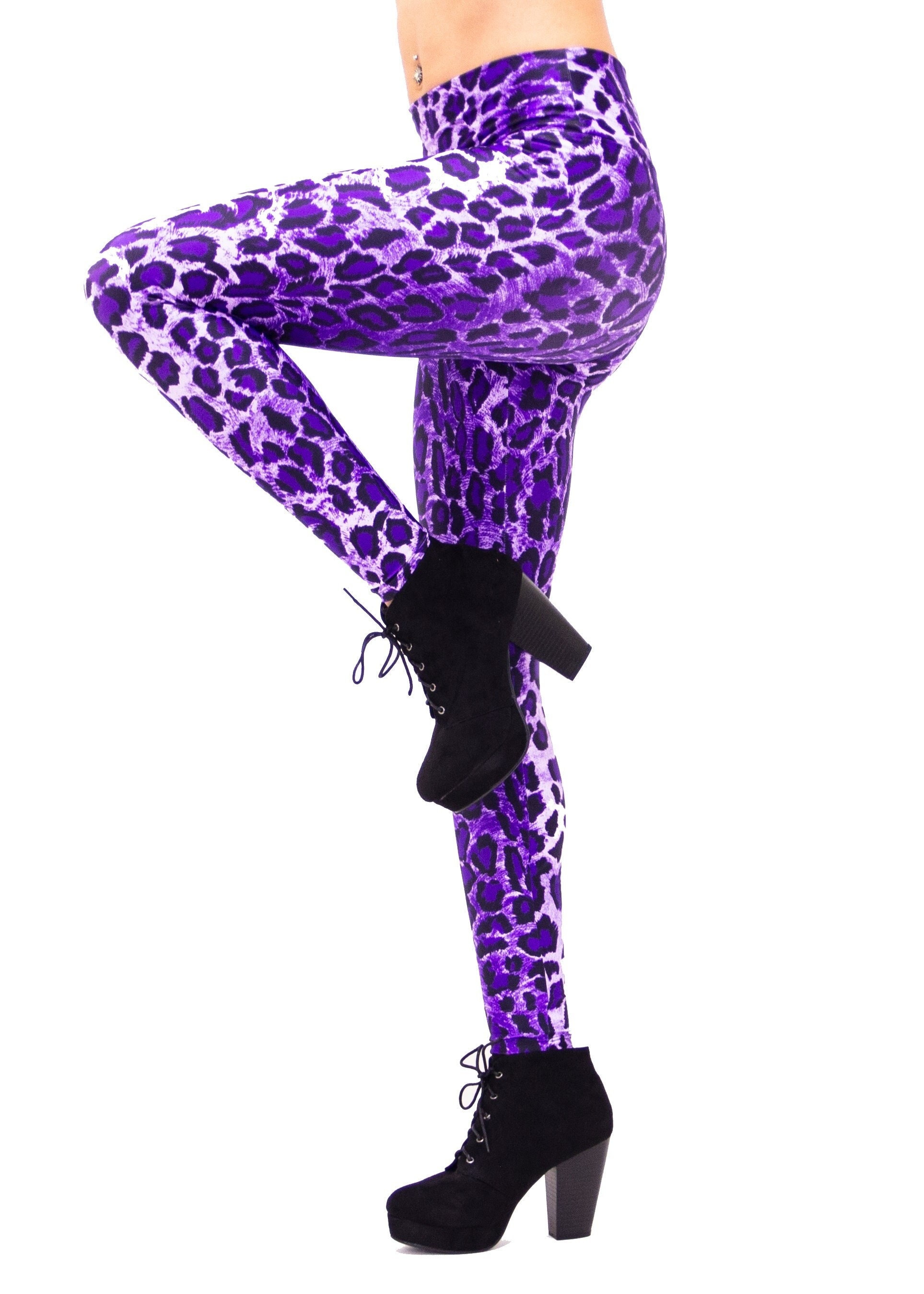 Purple Leopard Print Wide Waistband Women's Leggings: Fun 80's Costume 