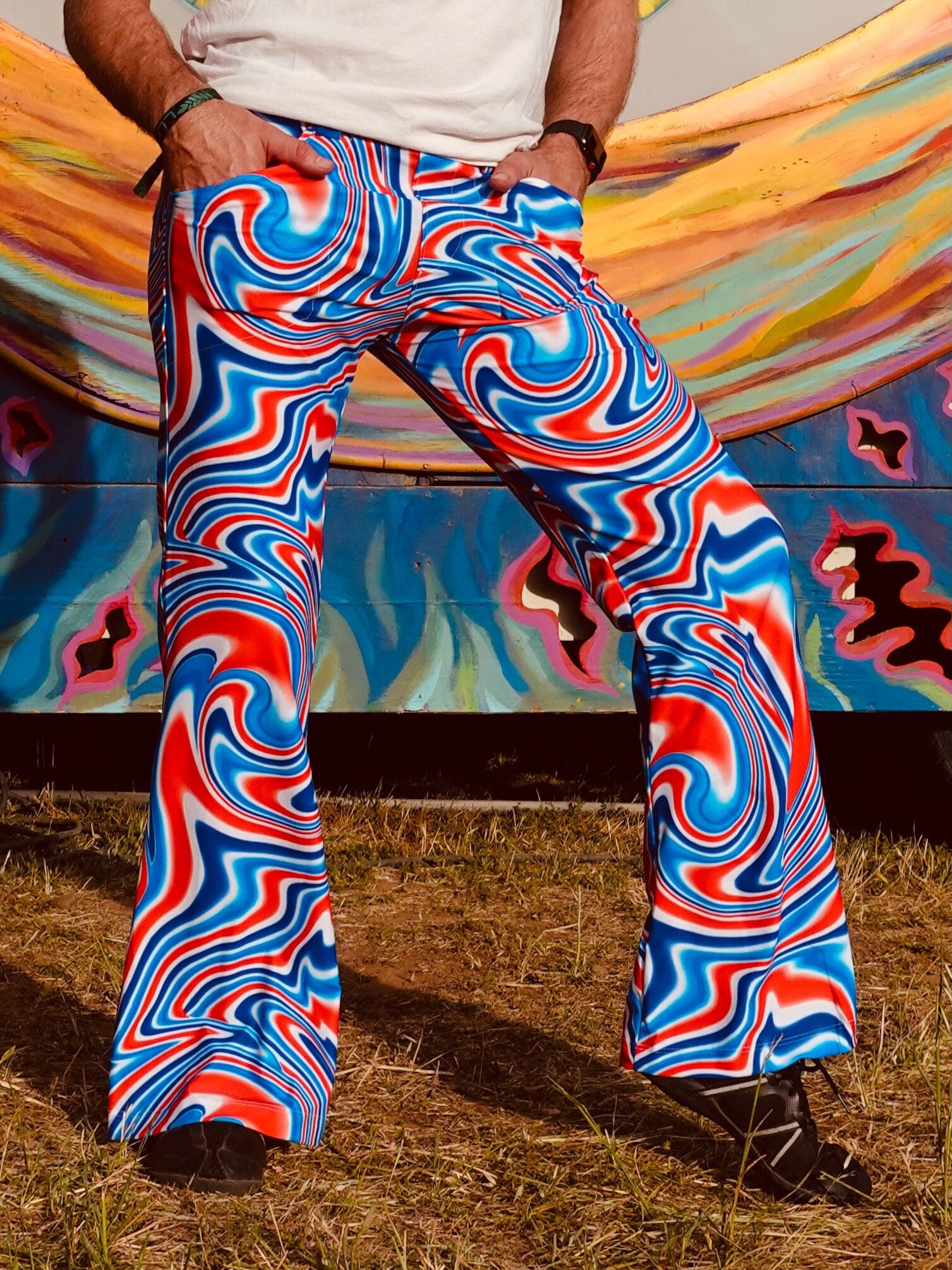 Ivy Jane Y2K Printed Funky Flare Pants Condition:... - Depop