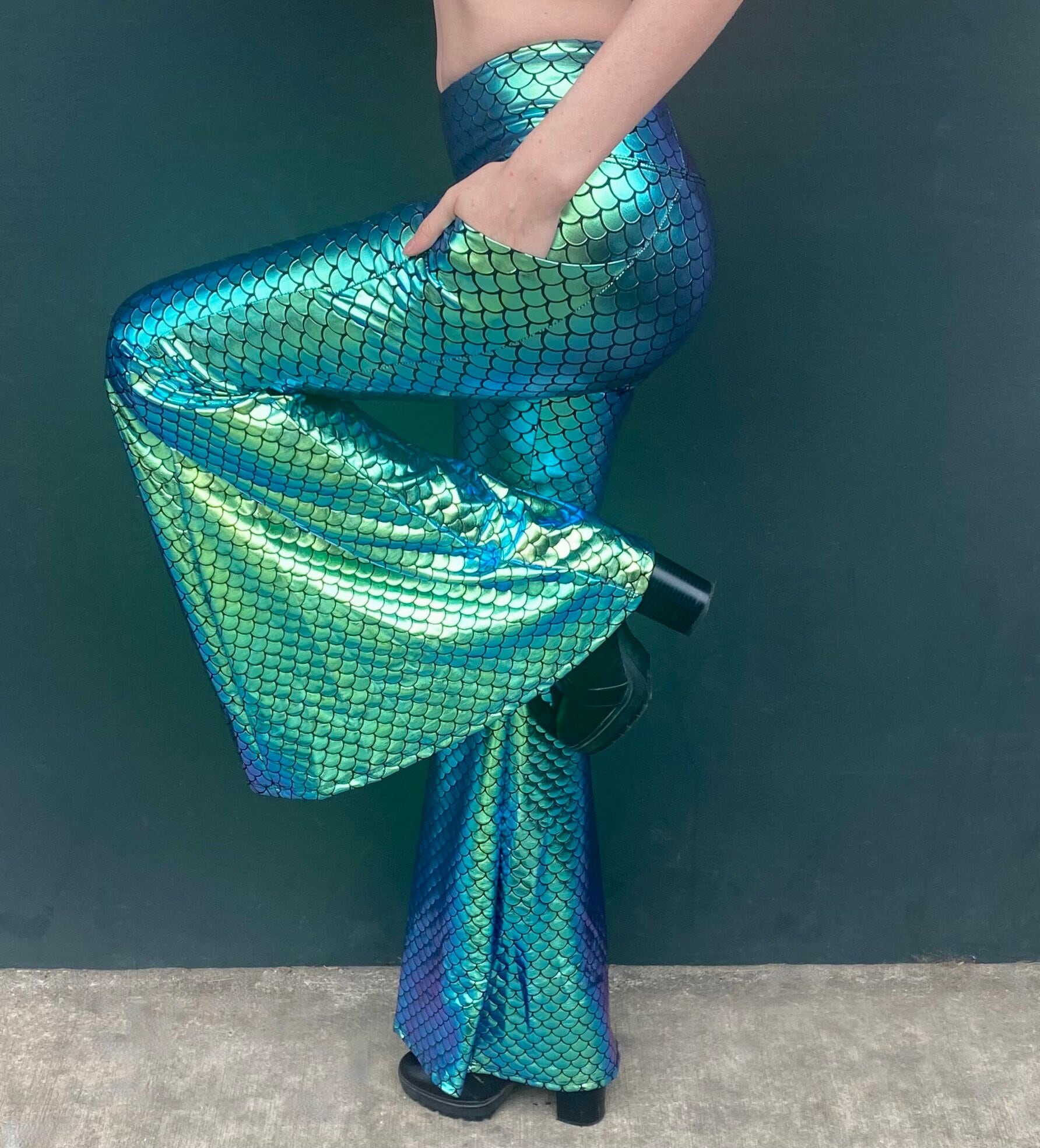 Mermaid Bell Bottom Flares, Flared Holographic Mermaid Leggings