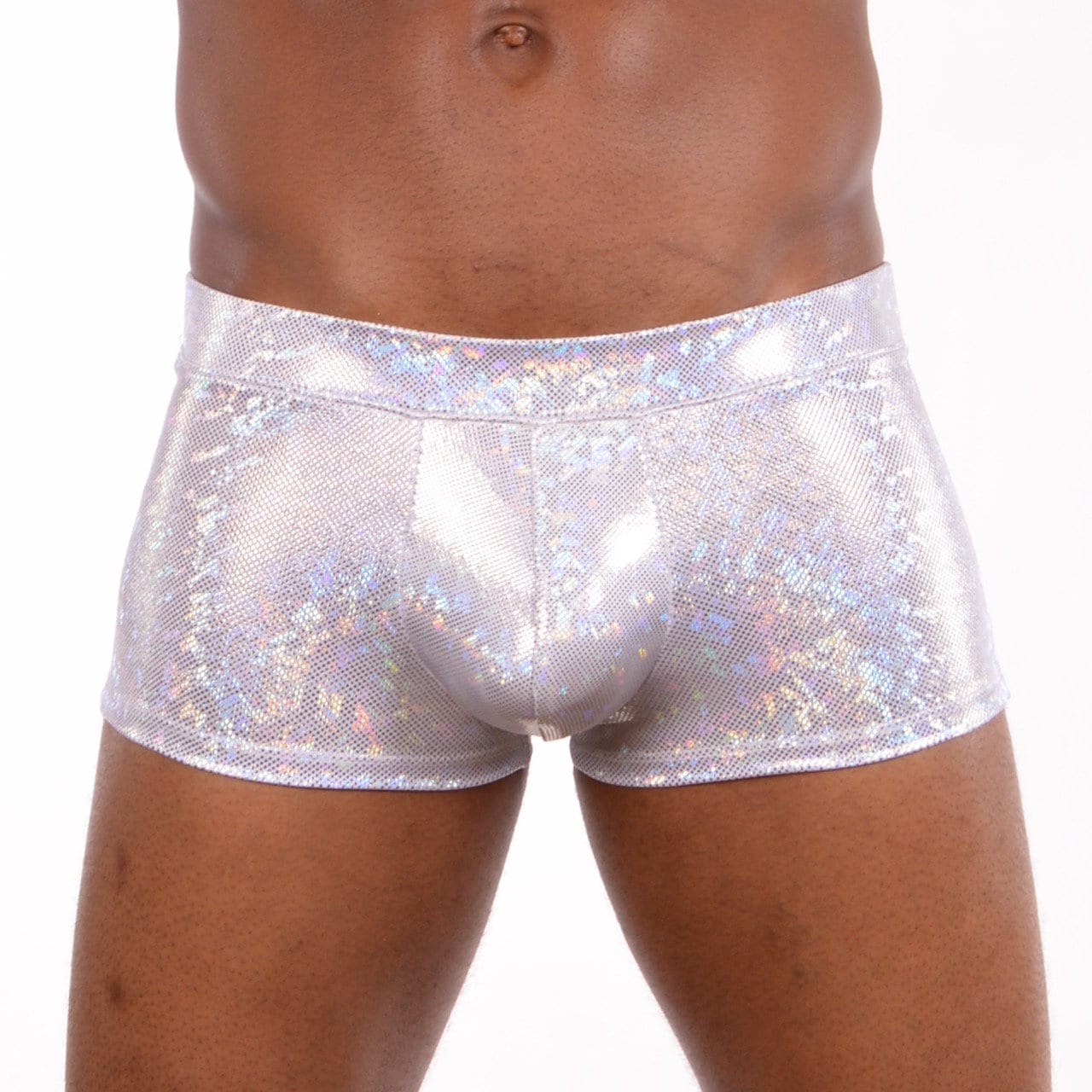 White Disco Ball Holograph Mens Pouch Booty Shorts // Square Front Swim Trunks