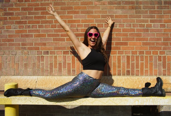 Leggings holográficos de bola de discoteca plateada para mujer