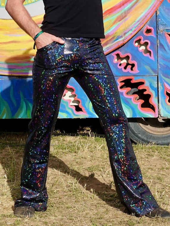 4 Pocket Black Disco Flare Pants Disco Ball Men's Holographic Flare Pants  // Metallic Mens Bell Bottoms 