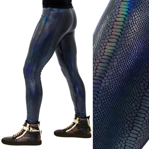 Black Snake Holographic Meggings // Snake Skin Leggings // Iridescent Snake  // Rave & Festival Outfit // Black Meggings Mens Leggings 