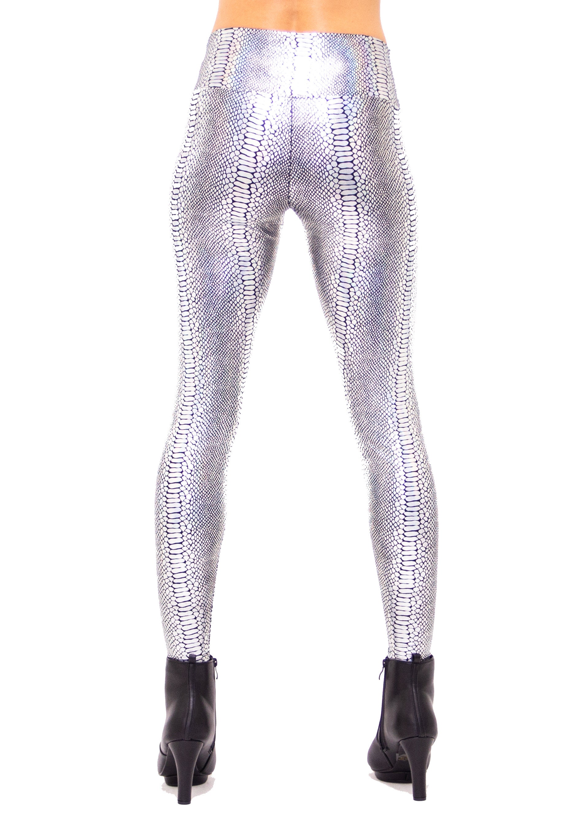 Crystal Snake Print High Waist Leggings | Silver