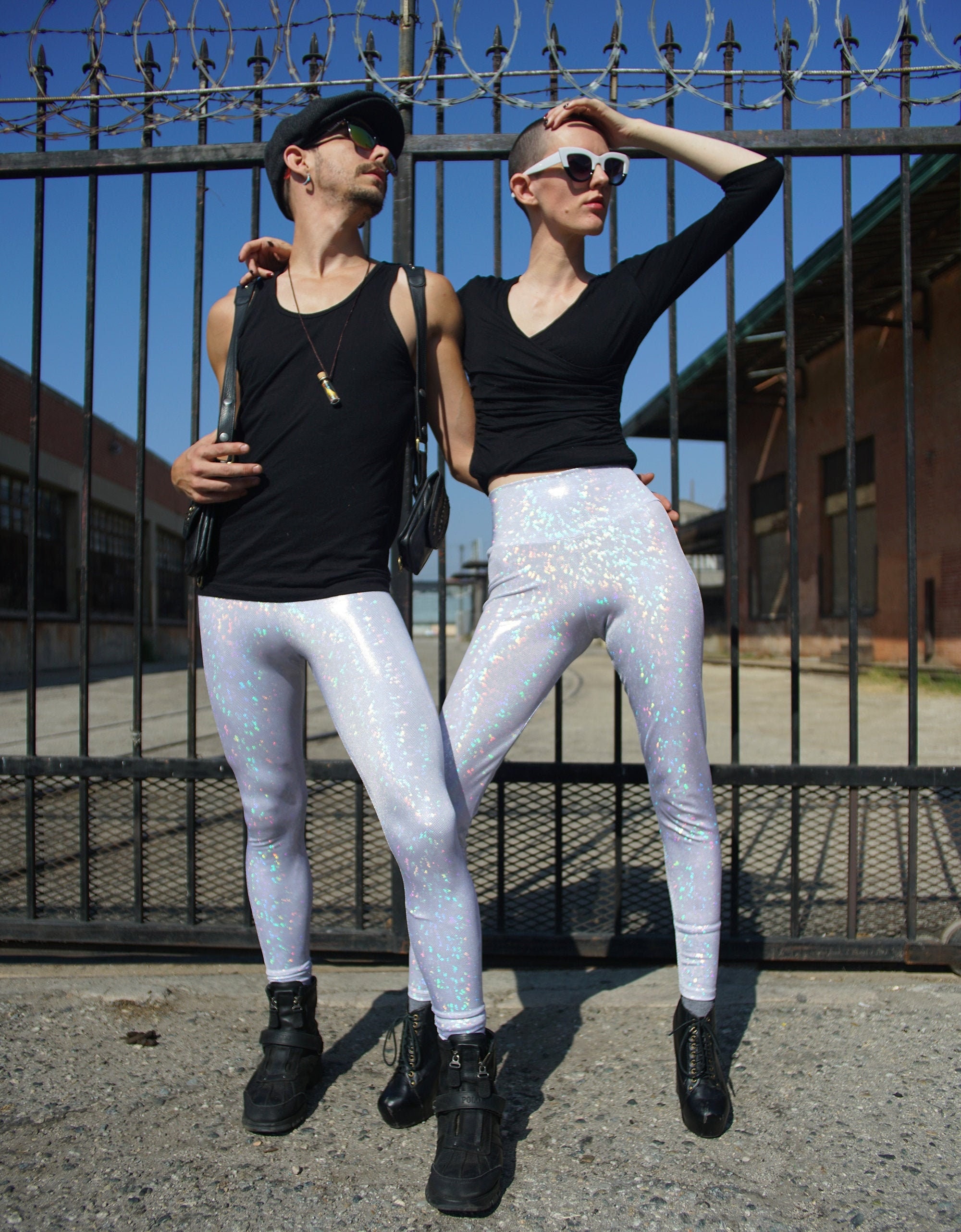 Women's White Disco Holographic Legging // Women's White Party Festival  Pants // Metallic Spandex Leggings // 
