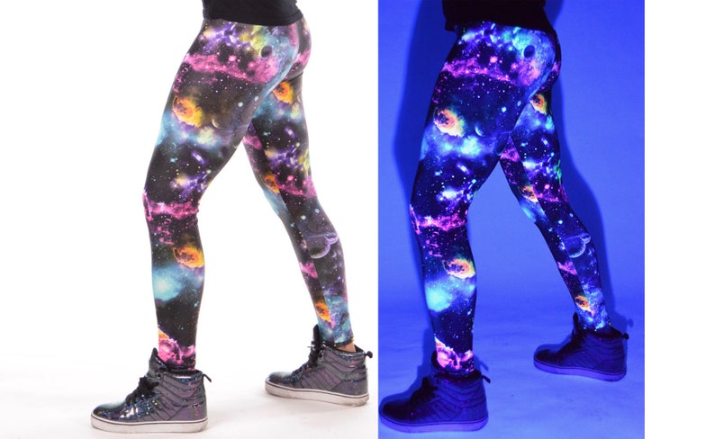 UV Space Men's Leggings // UV Reactive Black Light Galaxy Meggings // Revolver Fashion Burning Man Men's Costume Universe Meggings