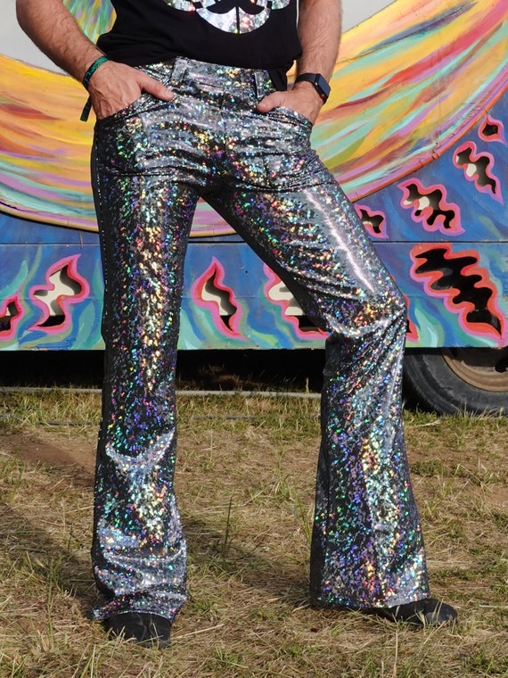 4 Pocket Silver Disco Flare Pants Disco Ball Men's Holographic Flare Pants  // Metallic Mens Bell Bottoms 