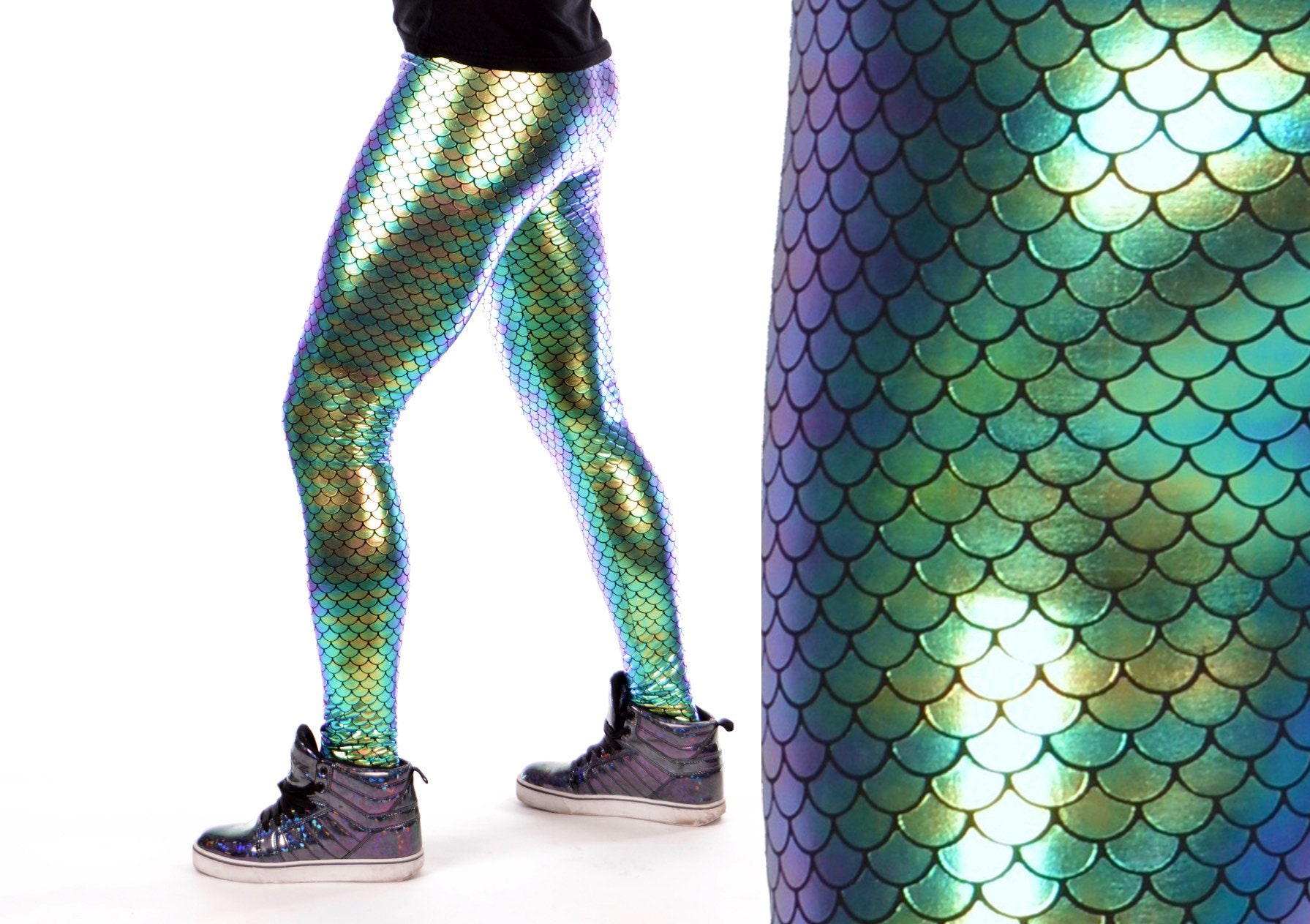 Green Merman Holograph Leggings // Metallic Men's Mermaid Meggings