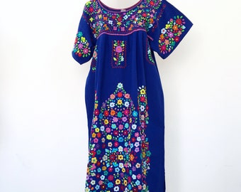 Mexican embroidered dress, denim, beautiful bohemian style, ethnic, hippie floral embroidery