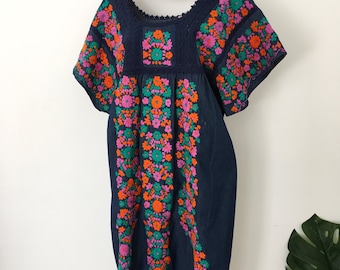 Mexican embroidered dress, denim, beautiful bohemian style, ethnic, hippie floral embroidery