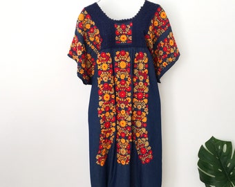 Mexican embroidered dress, denim, beautiful bohemian style, ethnic, hippie floral embroidery