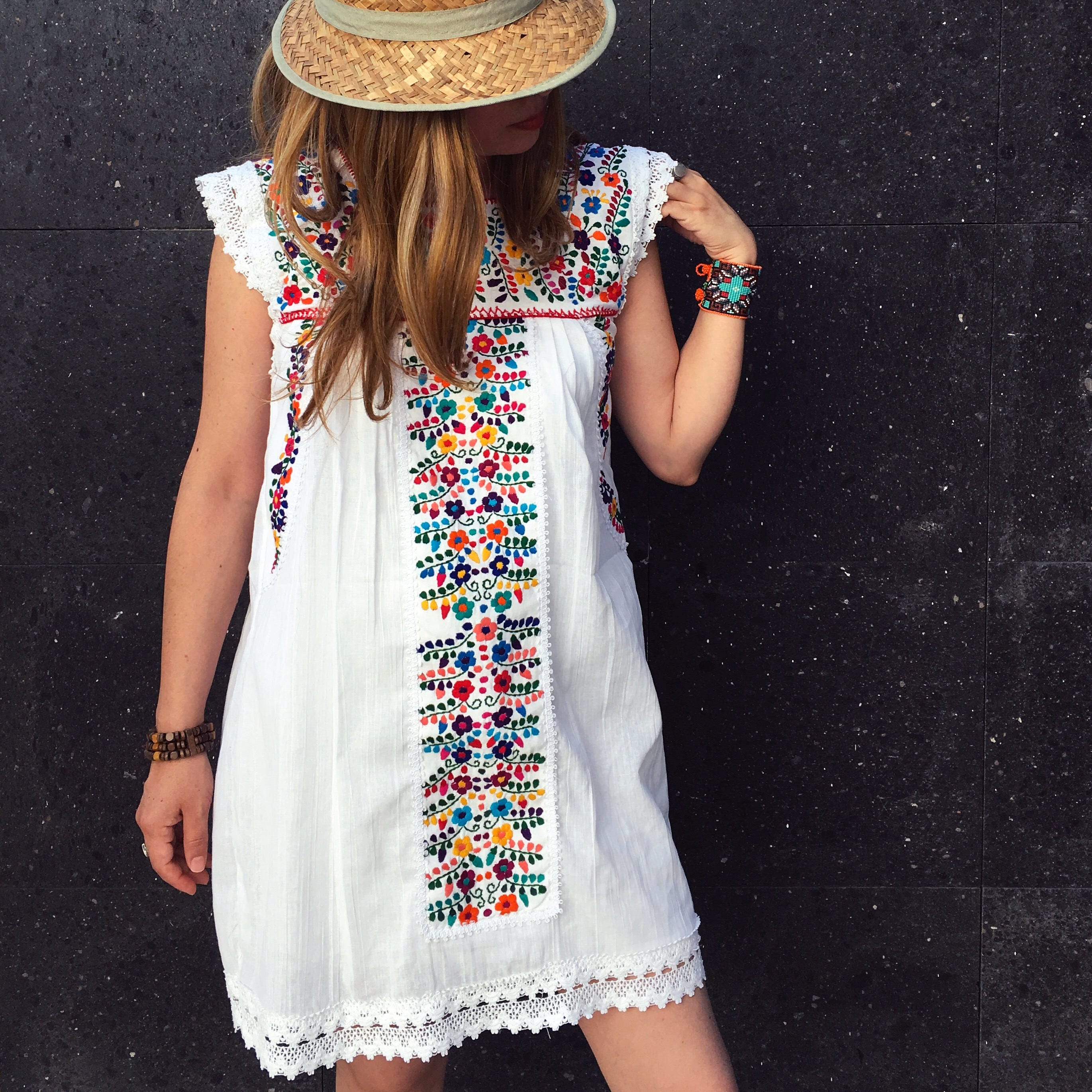 Vestido Mexicano bordado etno hippy Talla XS S M L | Etsy