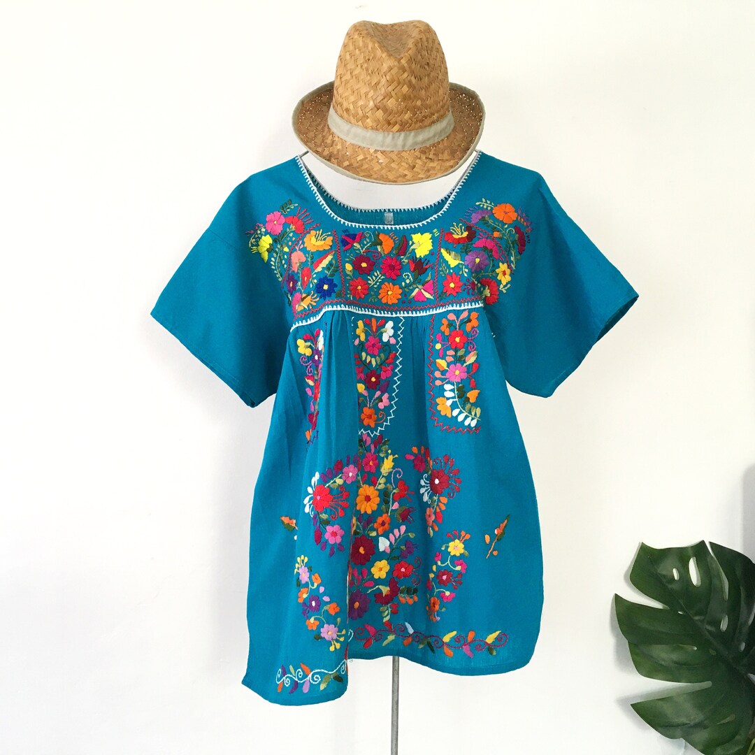 Mexican Robe Mexican Blouse, Hand-embroidered Robe, Beautiful Colorful Mexican ...