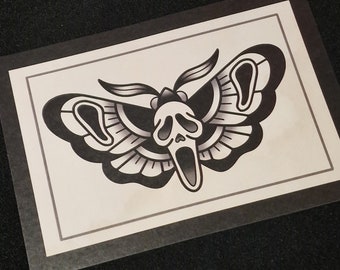 Traditional Ghostface Moth Tattoo Print A5 by George Humphrey
