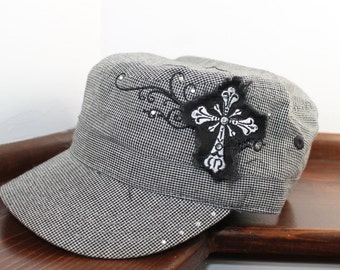 Black and White Houndstooth Military Cap