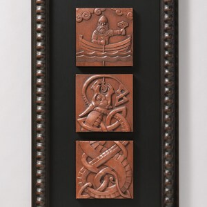 Fishing for Jormungand MULTIPLE FINISH OPTIONS framed triptych sculptural relief Norse Viking myth image 2