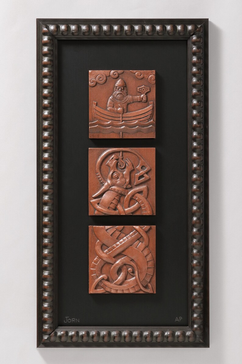 Fishing for Jormungand MULTIPLE FINISH OPTIONS framed triptych sculptural relief Norse Viking myth image 2