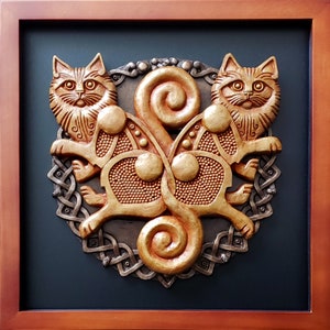 Freyja&#39;s Cats: Bygul & Trjegul Third piece in the Mythic Pairs Series of layered reliefs from Norse (Viking Age) mythology