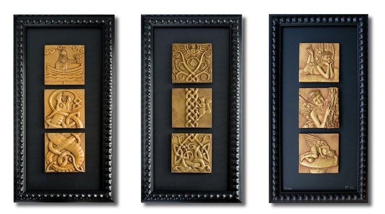 Fishing for Jormungand MULTIPLE FINISH OPTIONS framed triptych sculptural relief Norse Viking myth image 4