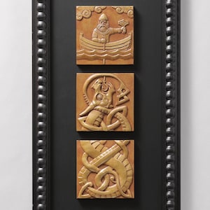 Fishing for Jormungand MULTIPLE FINISH OPTIONS framed triptych sculptural relief Norse Viking myth image 1