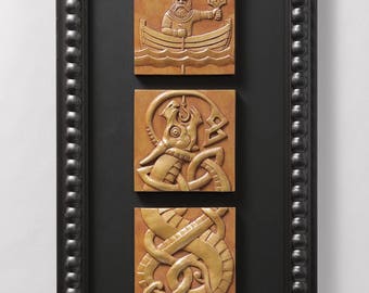 Fishing for Jormungand (MULTIPLE FINISH OPTIONS) framed triptych sculptural relief Norse Viking myth