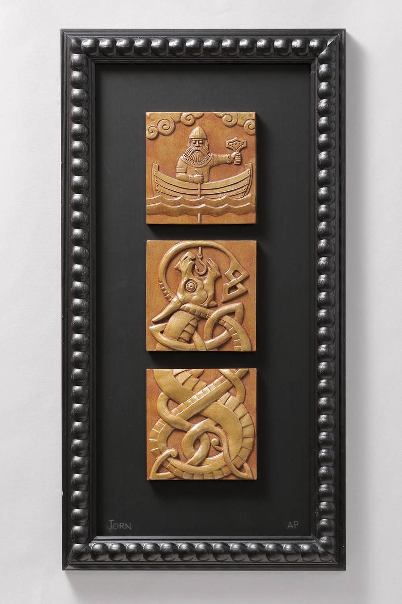 Fishing for Jormungand MULTIPLE FINISH OPTIONS framed triptych sculptural relief Norse Viking myth image 1