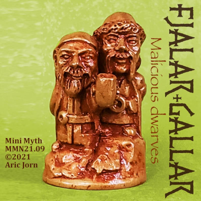 May include: Two small, hand-painted, brown and gold dwarves with beards, sitting on a rock. The dwarves are holding a pipe and a staff. The text "FJALAR + GALLAR Malicious dwarves" is written in red and black on the background.