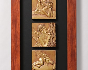 Faeries of the Wood. Limited edition, signed, numbered, and framed triptych reliefs