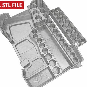 May include: A silver-colored 3D printed organizer tray featuring multiple circular slots for paint bottles and rectangular compartments for tools. The top left corner displays a red rectangular label with the text DIGITAL STL FILE.
