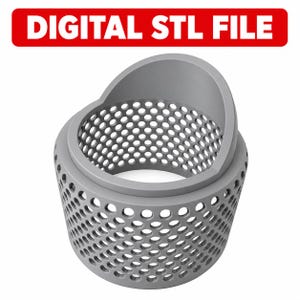 Może przedstawiać: Szary cylindryczny obiekt z perforowanym wzorem siatki na całym korpusie oraz solidną, zakrzywioną górną krawędzią. Tekst DIGITAL STL FILE jest wyświetlany białymi literami na czerwonym prostokątnym tle nad obiektem.
