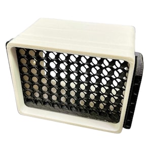 May include: A rectangular, 3D-printed object with a white frame and a black, honeycomb-patterned mesh. The object has a black side panel. The design is modern and geometric.