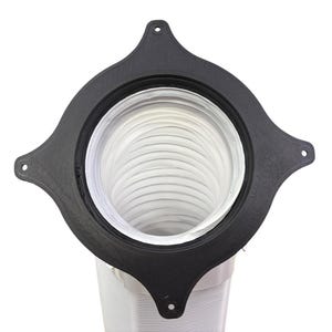 May include: A black plastic mounting flange with four screw holes arranged in a cross pattern, attached to a flexible white corrugated ventilation hose. The circular opening of the hose is centered within the black frame, showing internal ridges.