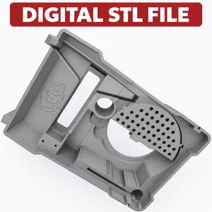 May include: A gray 3D printed component featuring a rectangular frame with internal compartments, a circular opening, and a perforated semi-circular section. The text DIGITAL STL FILE is displayed in a red banner at the top of the image.