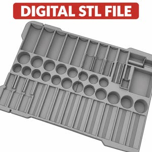 May include: A grey rectangular storage tray with multiple compartments of varying shapes and sizes, including circular and rectangular slots. The text DIGITAL STL FILE is displayed in a red banner at the top of the image.