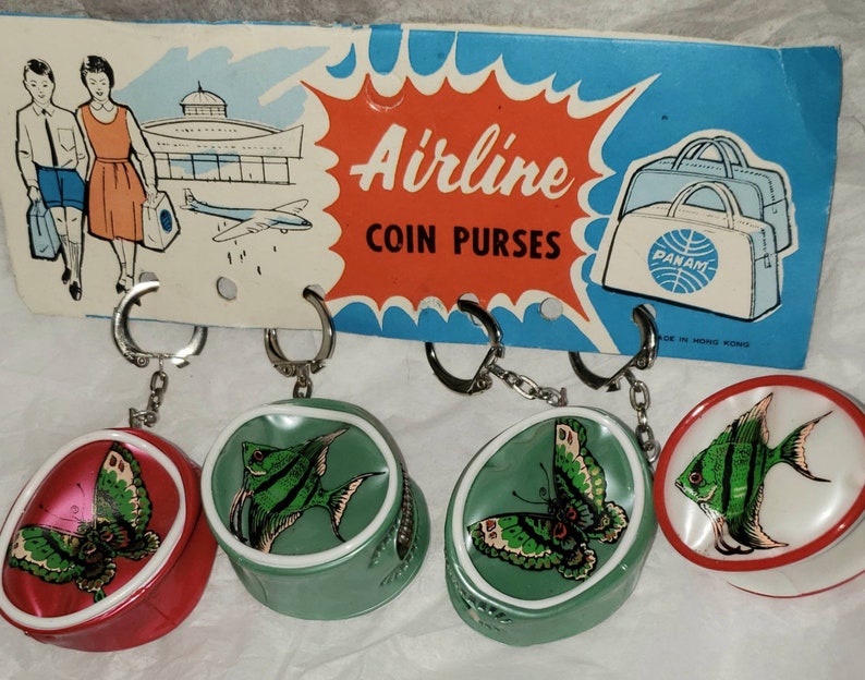 60s Mini Monedero Dime Store Vintage Novedad Plástico Mariposa, Peces Tropicales, Chica Cremallera Cambio Monedero Llavero Llavero Muñeca Tamaño Monedero imagen 1