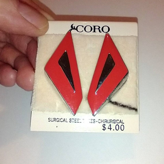 80s New CORO Orange Red Geometric Earrings, Pierc… - image 7